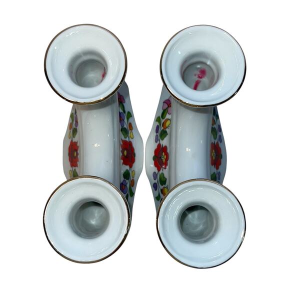 Kalocsa Hungary Handpainted Double Candle Holder Pair Floral Gold Trim Porcelain - Picture 4 of 11
